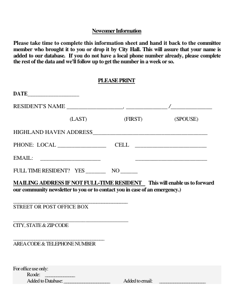 First page of the Newcomer Information