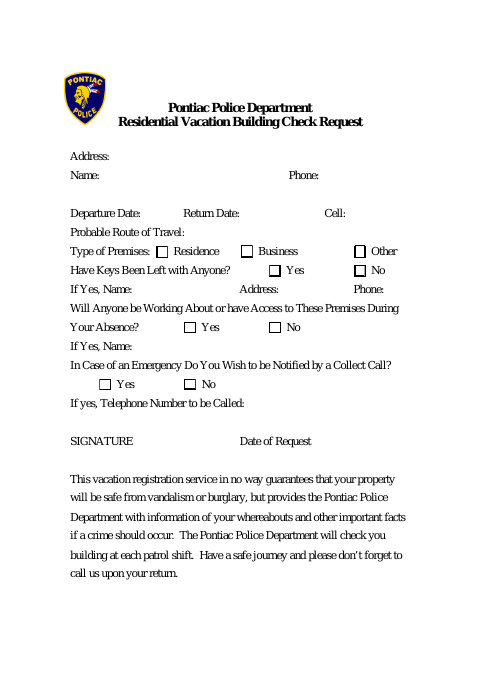 First page of the Residential Vacation Building Check Request