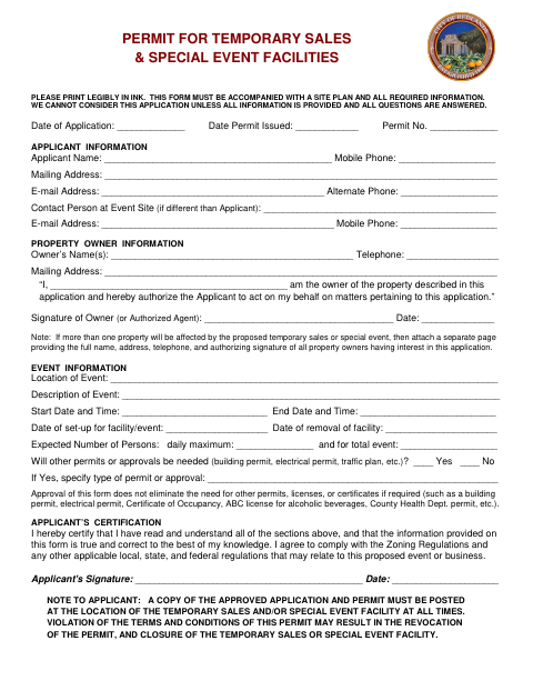 First page of the Permit For Temporary Sales & Special Event Facilities