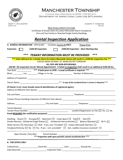 First page of the Rental Smoke Alarm and Carbon Monoxide Compliance Inspection Application