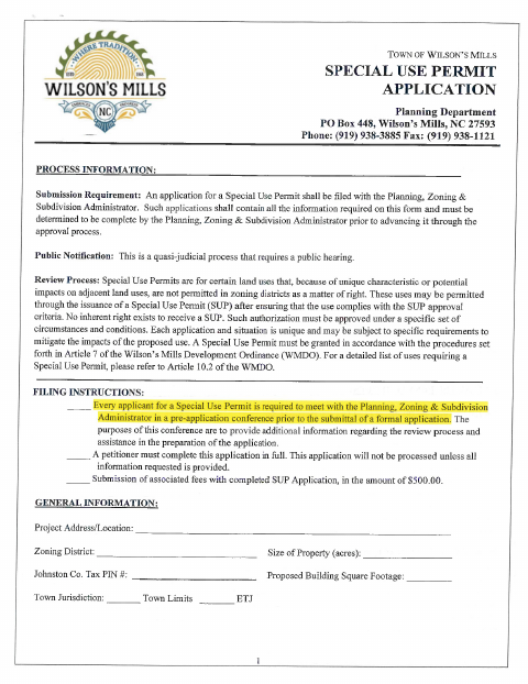 First page of the Special Use Permit Application