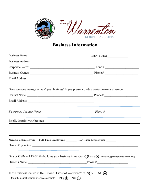 First page of the Business Information Form