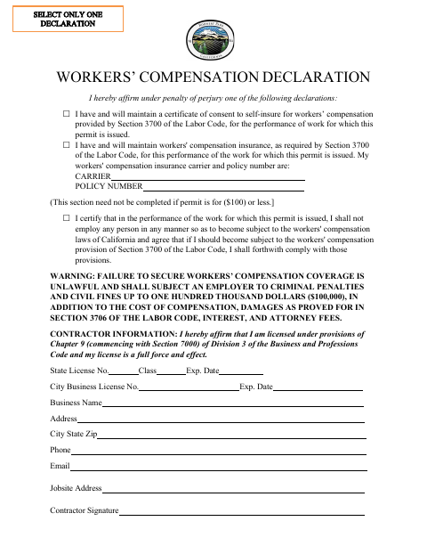 First page of the Workers’ Compensation Declaration