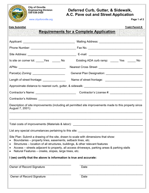 First page of the Deferred Frontage Improvements Application