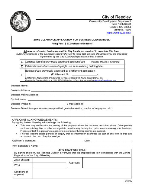 First page of the Zone Clearance Application for Business License
