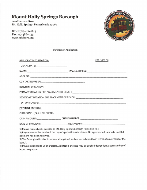 First page of the Park Bench Application