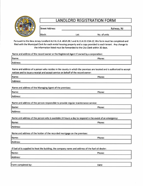 First page of the Landlord Registration Form
