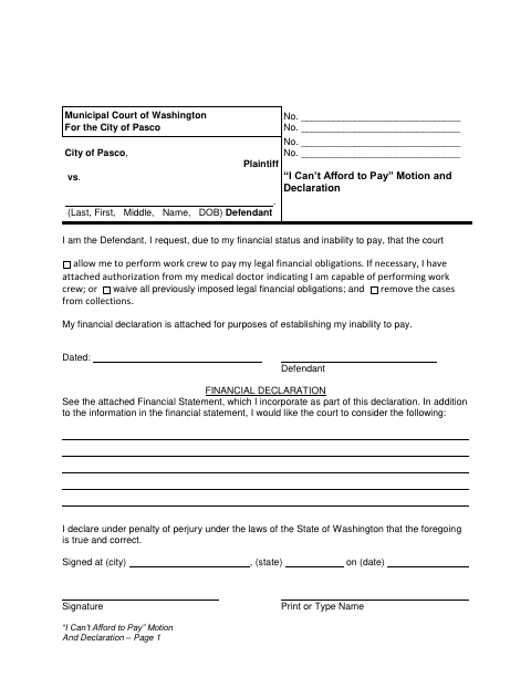 First page of the “I Can’t Afford to Pay” Motion and Declaration