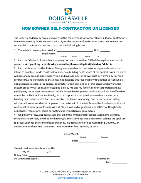 First page of the Home Owner Self-Contractor Unlicensed Affidavit