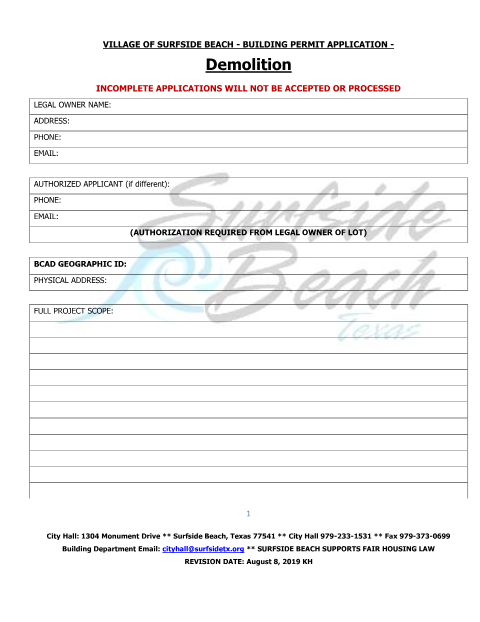 First page of the Building Permit Application - Demolition