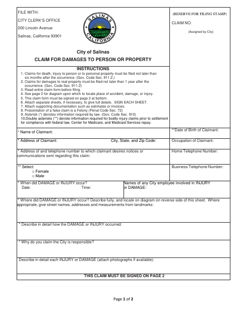 First page of the Claim for Damages to Person or Property