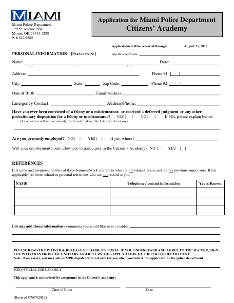 First page of the Citizens’ Academy Application and Waiver