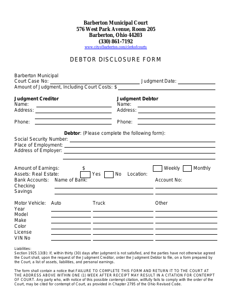 First page of the Debtor Disclosure Form