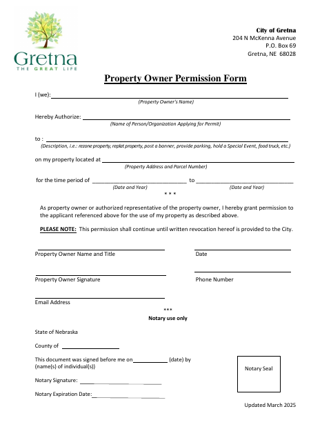 First page of the Property Owner Permission Form