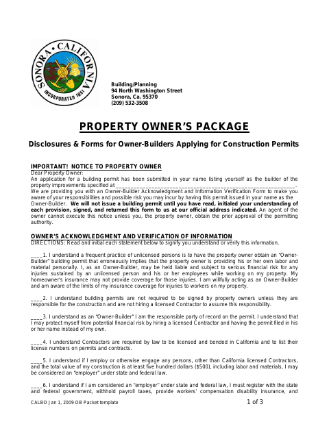 First page of the Property Owner’s Package: Owner-Builder Disclosures and Forms