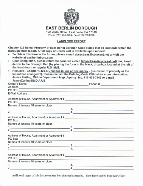 First page of the Landlord Reporting Form
