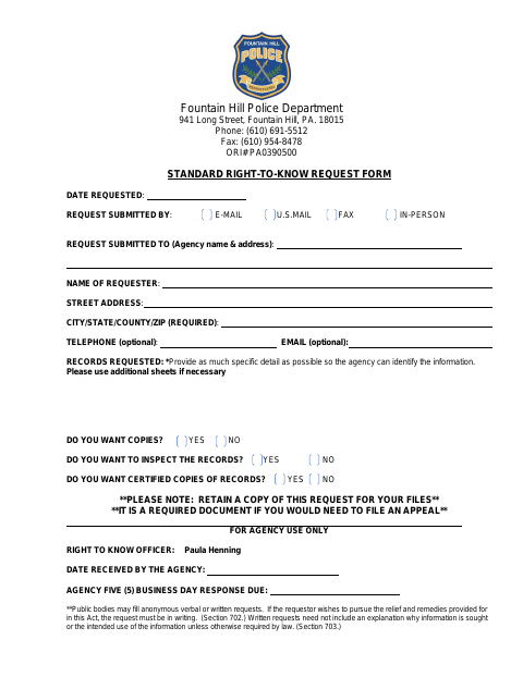 First page of the Standard Right-To-Know Request Form