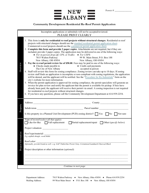 First page of the Residential Re-Roof Permit Application
