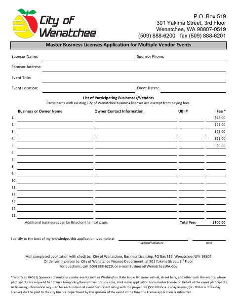 First page of the Master Business License Application for Multiple Vendor Events