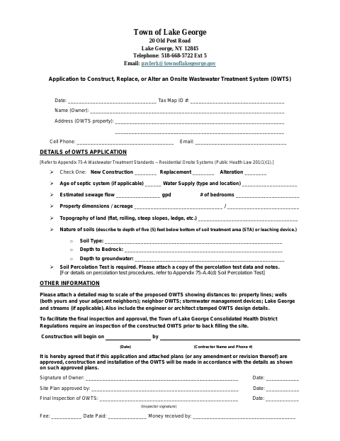 First page of the Application to Construct, Replace, or Alter an Onsite Wastewater Treatment System