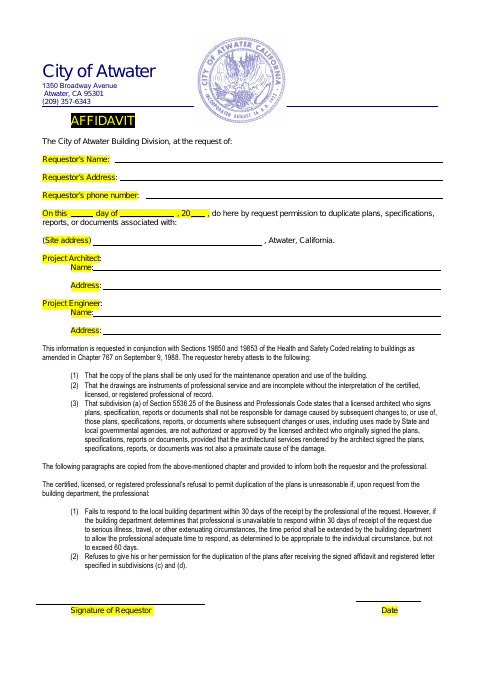 First page of the Affidavit for Plan Reproduction