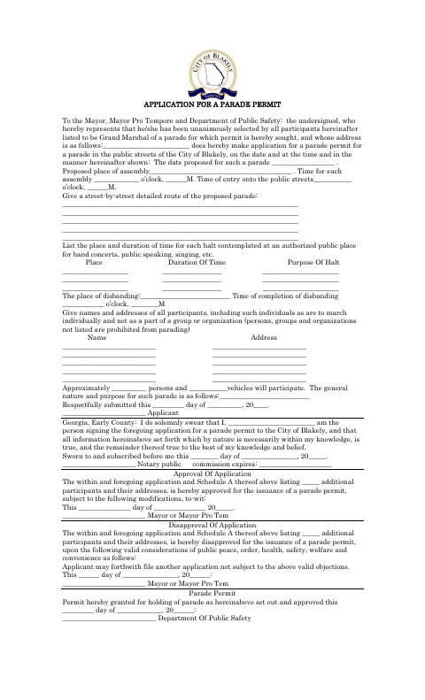First page of the Parade Permit Application