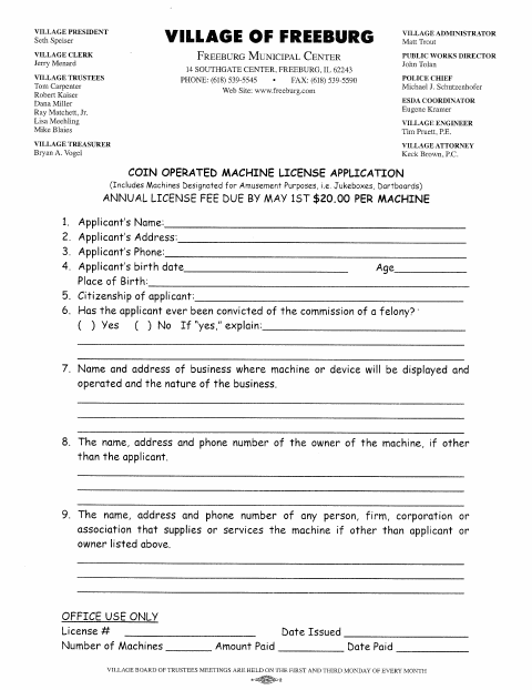 First page of the Coin-Operated Machine License Application