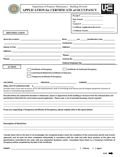 First page of the Certificate of Occupancy Application