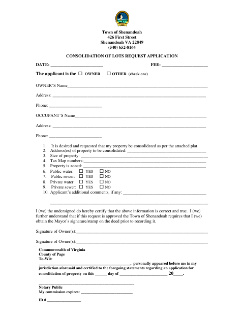 First page of the Consolidation of Lots Request Application