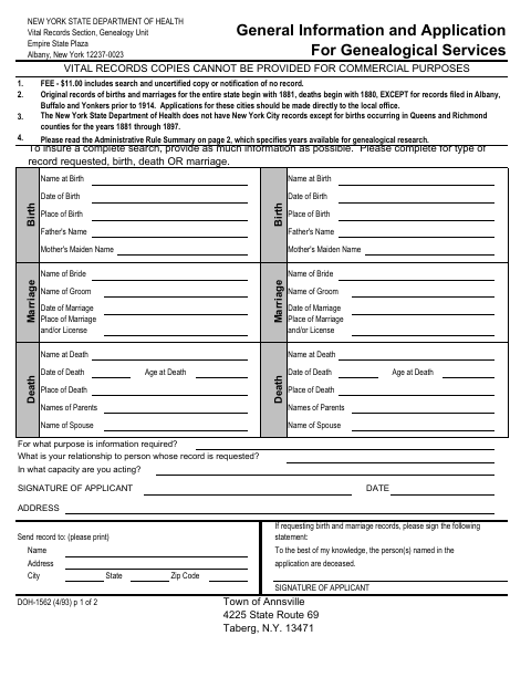 First page of the Application for Genealogical Services