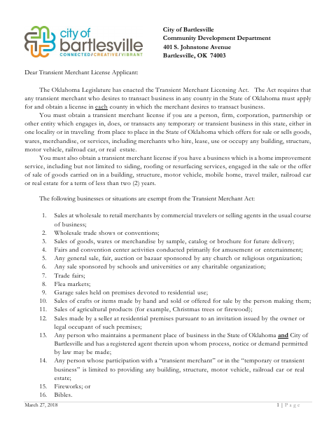 First page of the Transient Merchant License Application