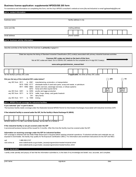 First page of the Business License Application: Supplemental NPDES/SB 205 Form