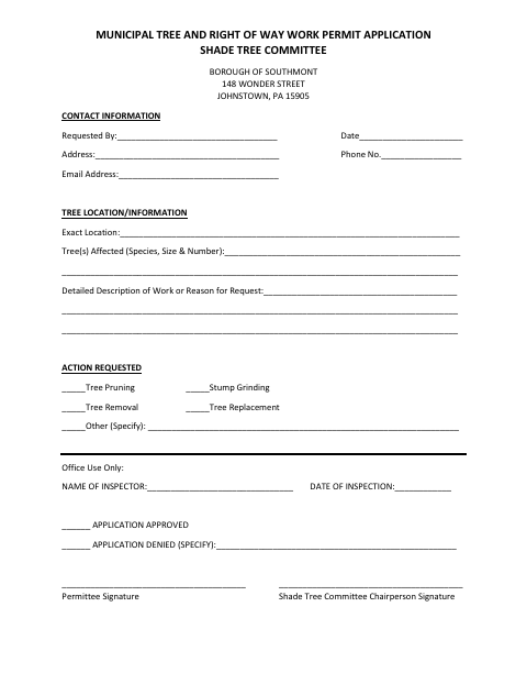 First page of the Municipal Tree and Right of Way Work Permit Application