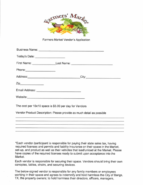 First page of the Farmers Market Vendor’s Application