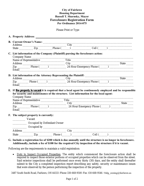 First page of the Foreclosure Registration Form