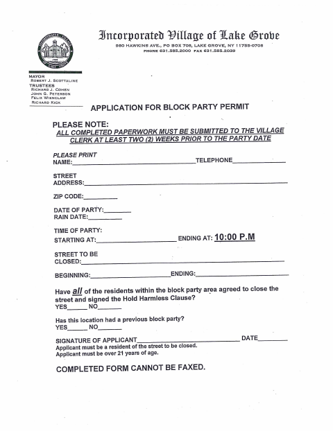 First page of the Block Party Permit Application