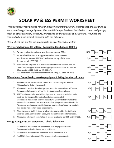 First page of the Solar PV and ESS Permit Worksheet