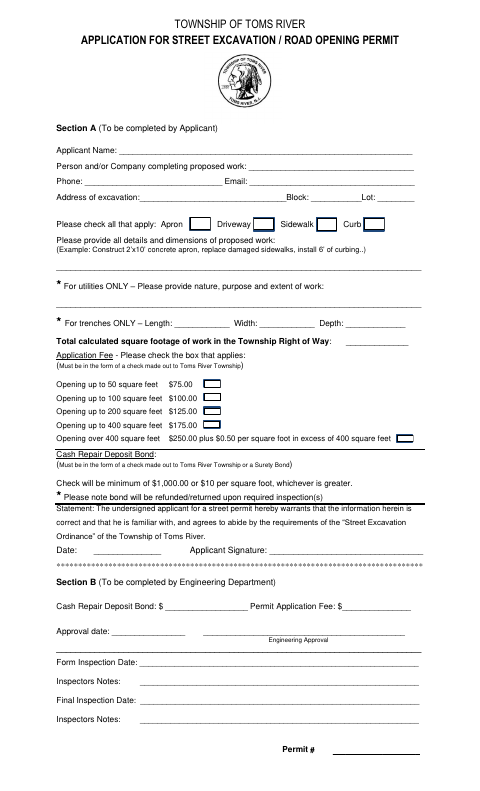 First page of the Street Excavation / Road Opening Permit Application