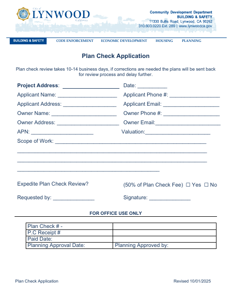 First page of the Plan Check Application
