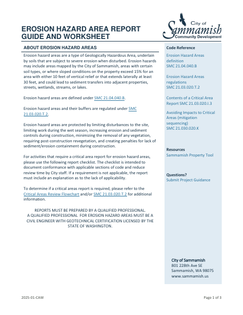 First page of the Erosion Hazard Area Report Guide and Worksheet
