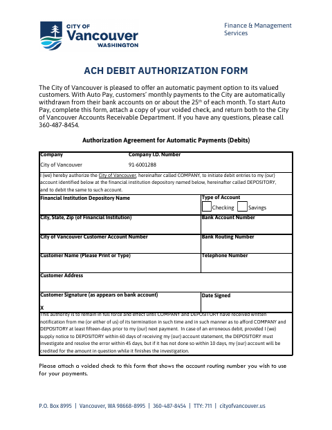 First page of the ACH Debit Authorization Form