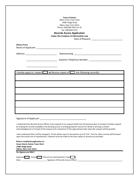 First page of the Records Access Application Under the Freedom of Information Law