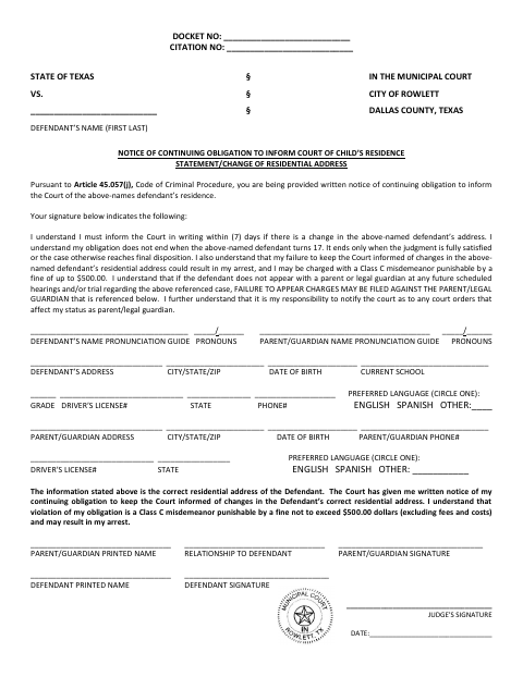 First page of the Notice of Continuing Obligation to Inform Court of Child’s Residence Statement/Change of Residential Address