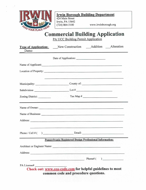 First page of the Commercial Building Permit Application