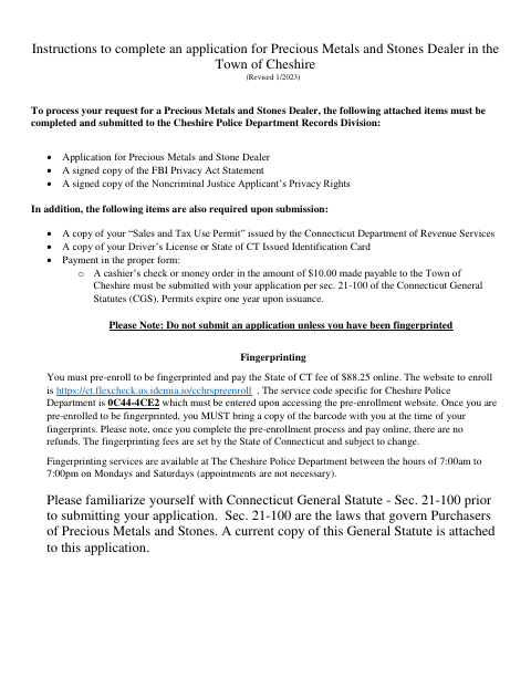First page of the Precious Metals and Stones Dealer Application