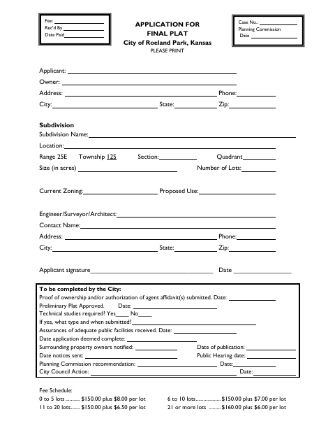First page of the Final Plat Application