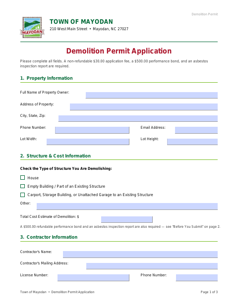 First page of the Demolition Permit Application