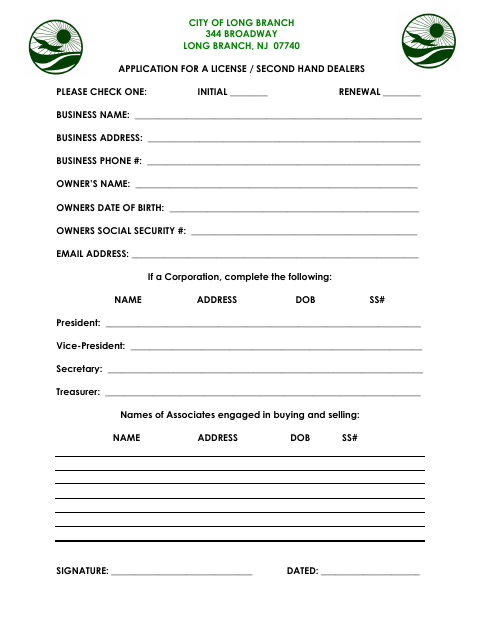 First page of the Application for a License / Second Hand Dealers