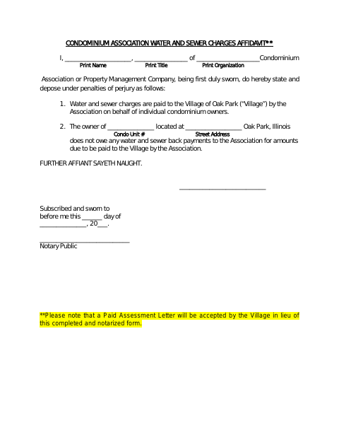 First page of the Condominium Association Water and Sewer Charges Affidavit