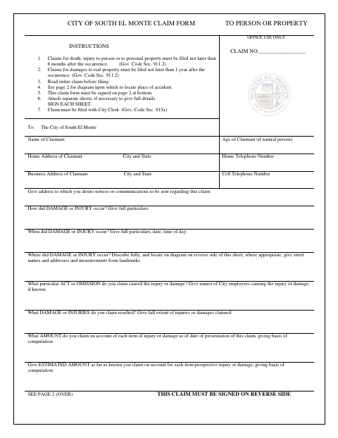 First page of the Claim Form to Person or Property